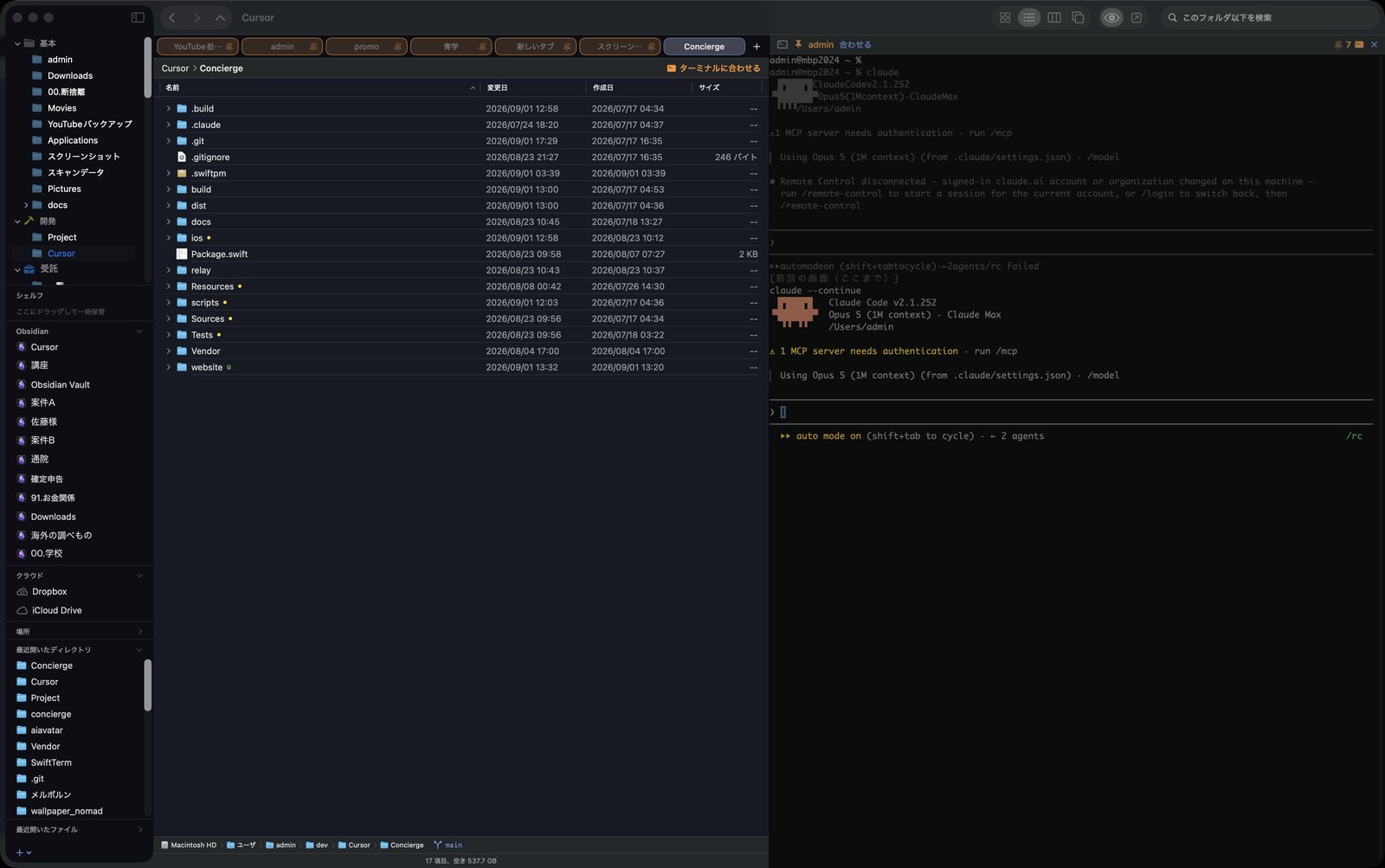 棚の「Obsidian」の節に、登録済みの保管庫が Obsidian のアイコン付きで並んでいる。
